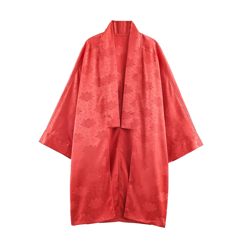 Embroidery - 2026 Frühling Damen Roter Blumen-Jacquard-Satin-Kimono, Dreiviertelärmel