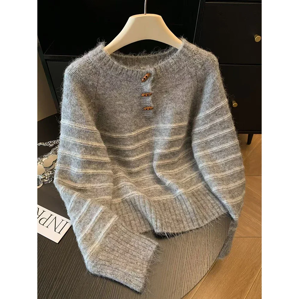 Embroidery - Herbst Winter Damen Gestreifter Woll-Kaschmir-Pullover, Loser