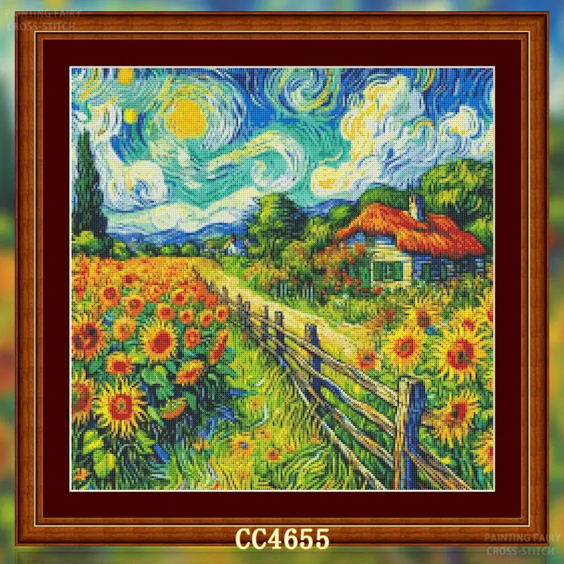 Cross Stitch Stamped Kits Beginners - [[CC4656-Van Gogh Serie Sonnenblumenfarm] DIY Gestempeltes