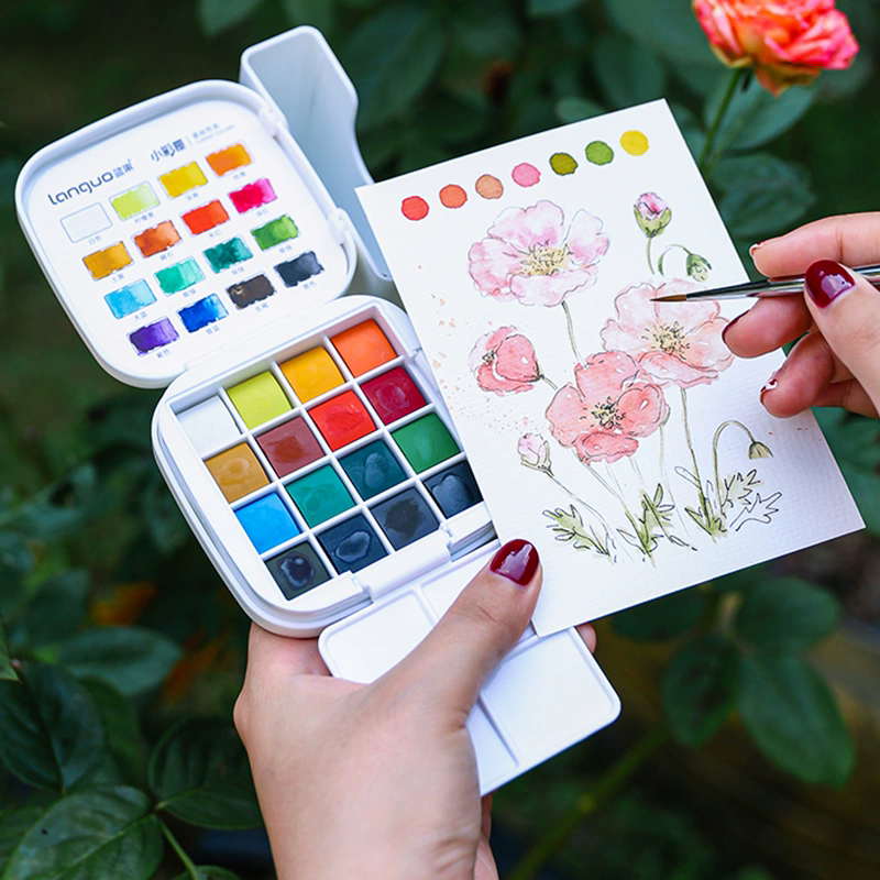 Watercolor Paint Set Solid Pigment - LANGUO 16 Farben Aquarellfarben-Set, tragbare Reisebox