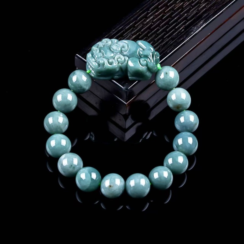 Beading - Natürliches Echtes Smaragd-Blaues Wasser-Pixiu Rundperlen-Armband Myanmar