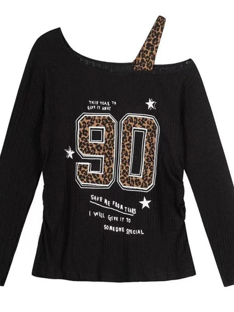 Embroidery - Y2K Patchwork Leopardenmuster T-Shirt Damen Locker
