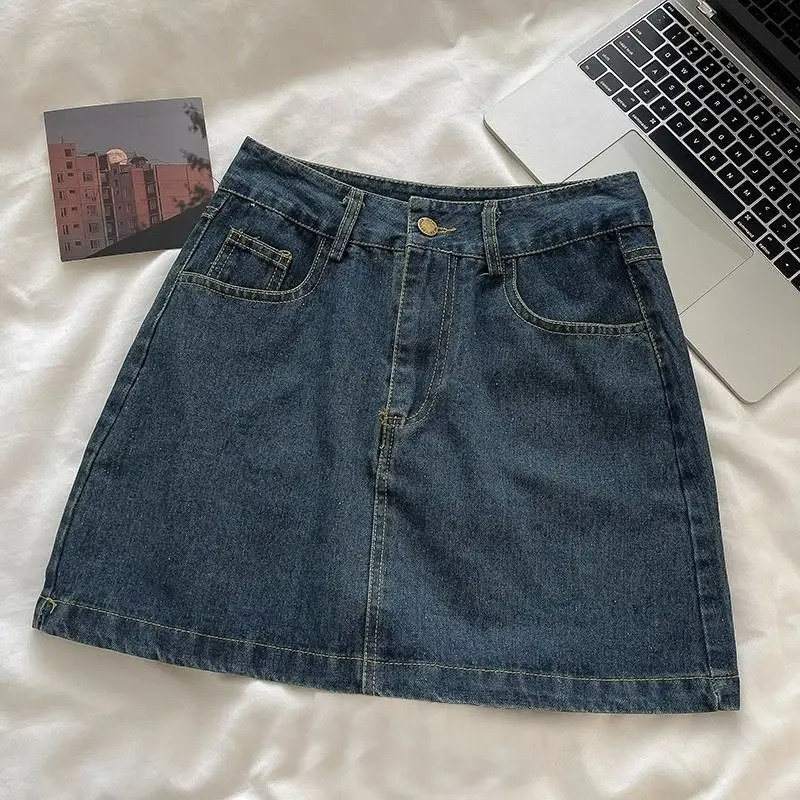 Embroidery - Y2K Denim-Rock-Set: Vintage Japanischer Stil Knopfjacke