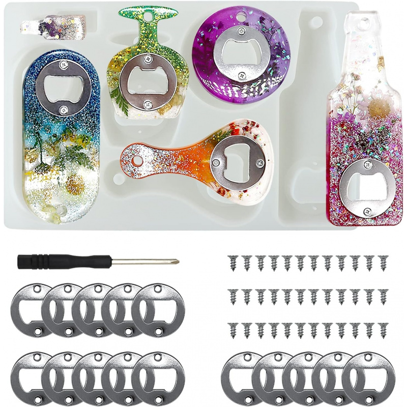 Silicone Epoxy Resin Molds Set - Flaschenöffner-Harzform, Bier-Silikon-Set mit Schraubendreher und Metallstück,