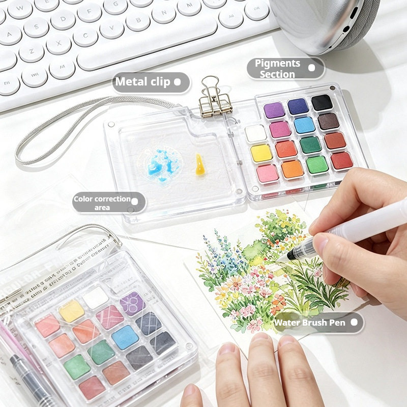 Watercolor Paint Set Solid Pigment - 15 Farben Tragbares Reise-Aquarell-Malset, Mini-Aquarellfarben, Pigmente,