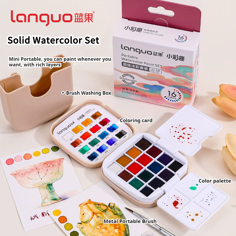 Watercolor Paint Set Solid Pigment - 16-Farben Languo Solid Aquarellfarben-Set, tragbare Aufbewahrungstasche,